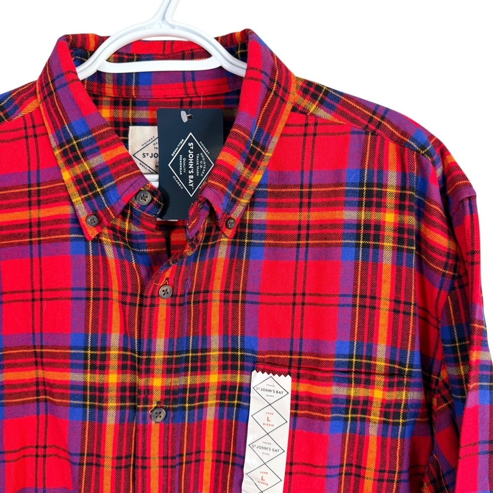 St. Johns Bay Flannel Shirt‎ Mens L Red Tartan Plaid L/S Button Down Cotton NEW